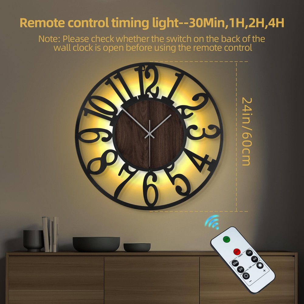 Large Wall Clock 24'' Lighted Rustic Wood Clock with Remote Timer, Silent Bat...