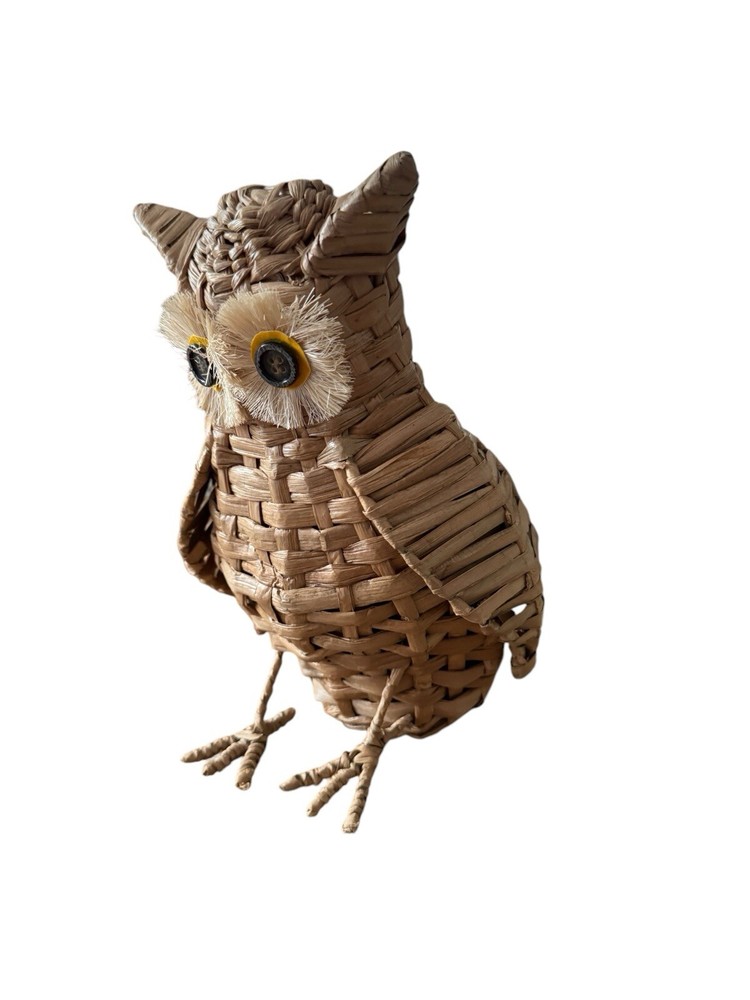 Vintage Mid Century Wicker Owl 10” Button Eyes