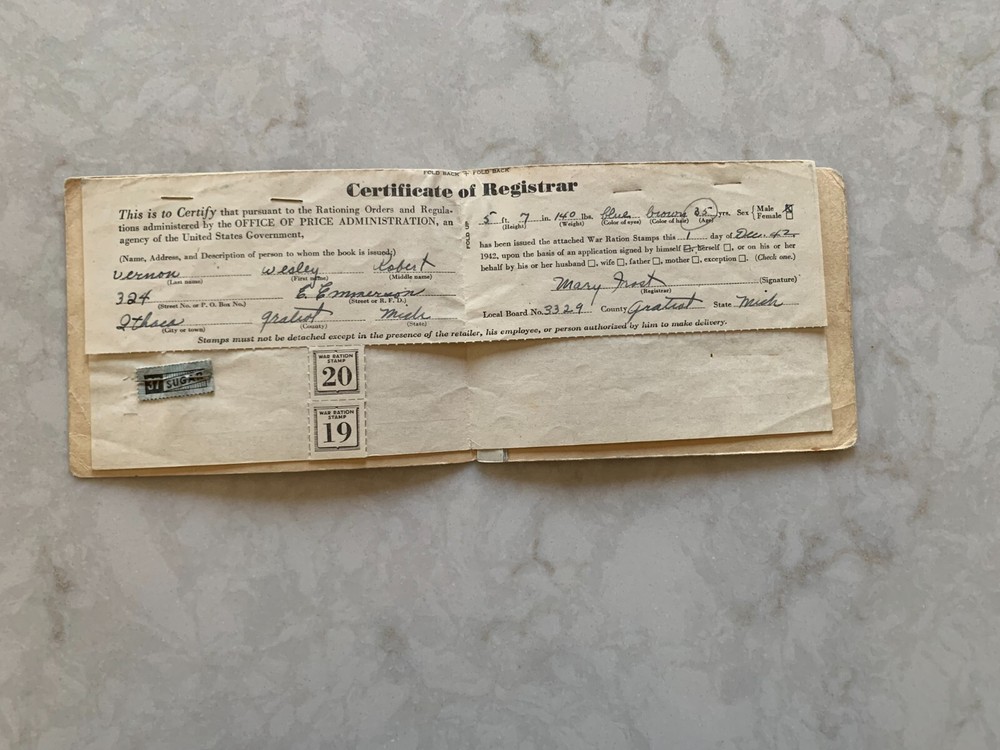 War (WW 2) Ration Book Two, Michigan # 845934, 1942