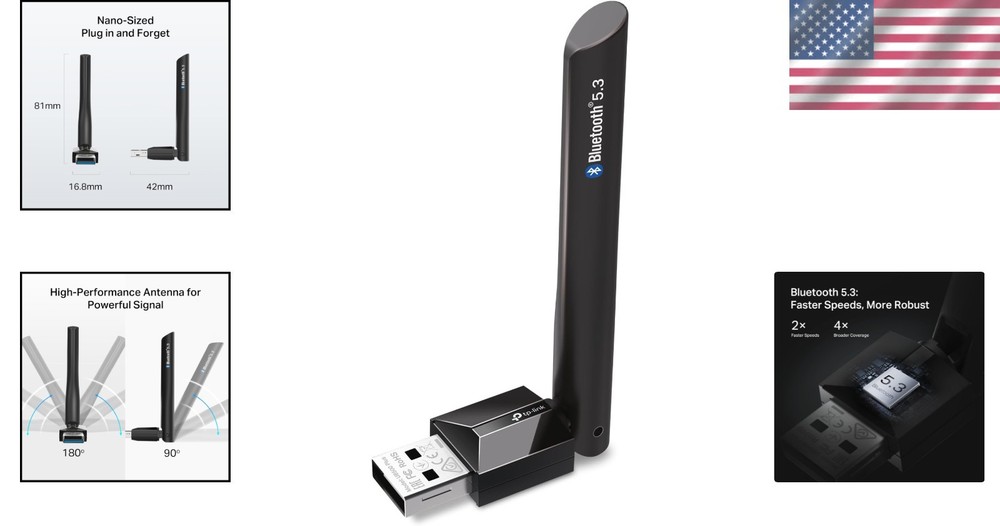 Bluetooth 5.3 USB Adapter - Long Range Receiver with Adjustable Antenna for PC