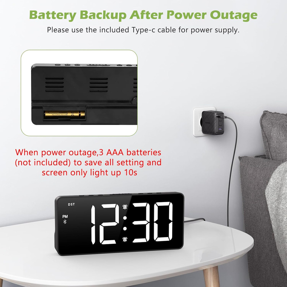 7 Inch Digital Alarm Clock with Bluetooth Sync Time, Auto-Sync Time, Adjustable