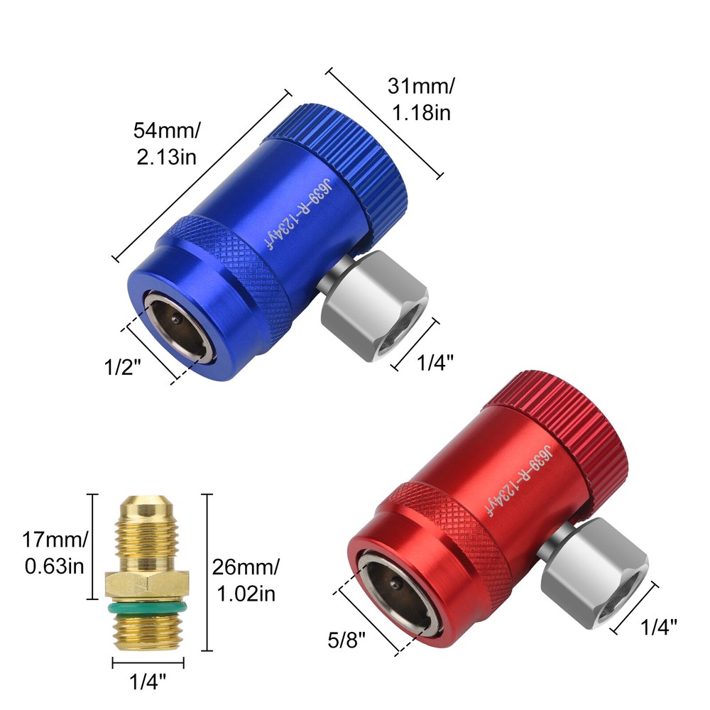 R1234YF Quick Coupler Adapter & 1/4" Flare Fitting, Adjustable HP & LP Connector