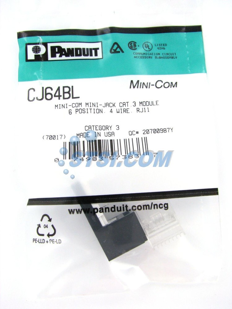 Panduit Cat3 Mini-Com Jack Module, Black CJ64BL ~STSI