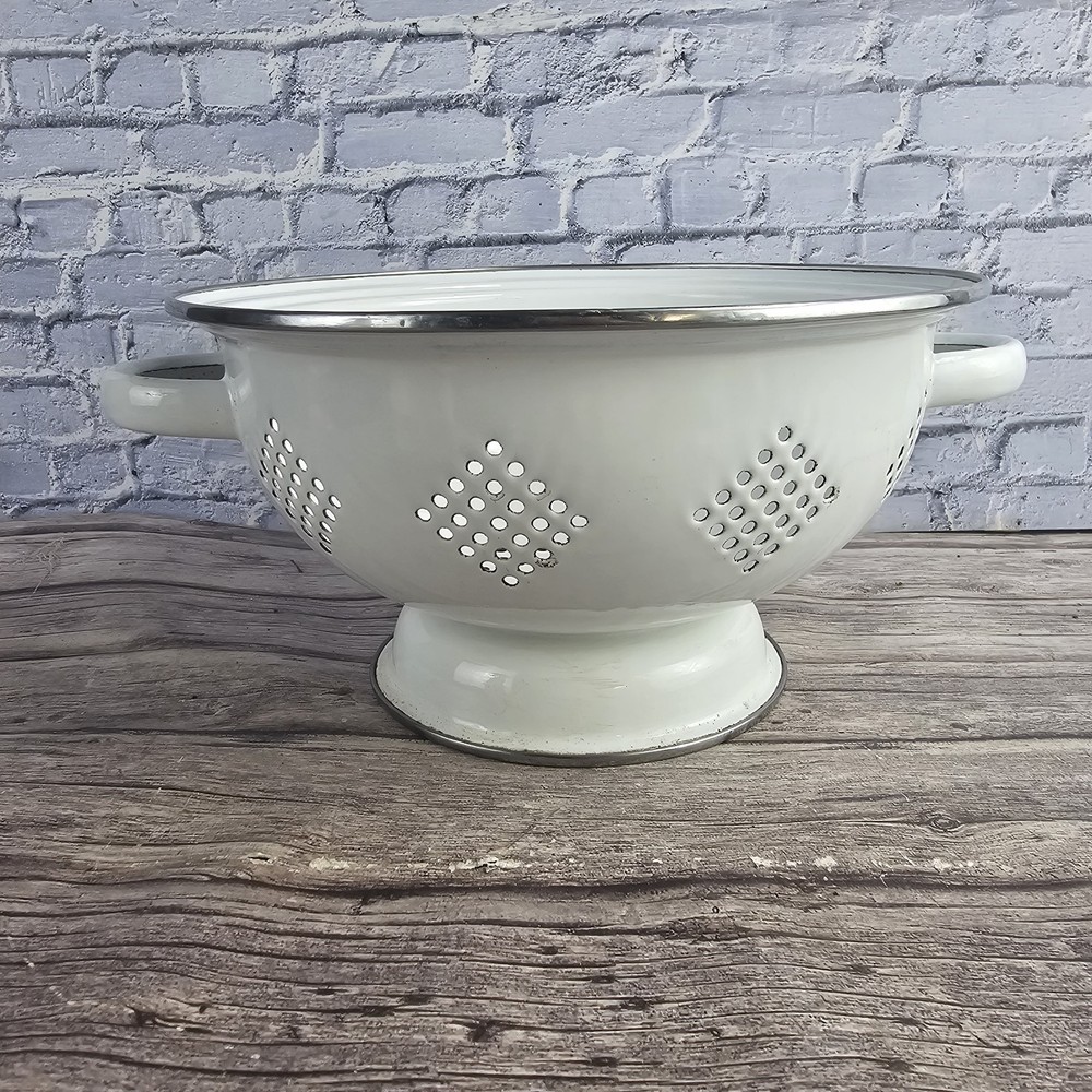 White Enamel Colander  10" Metal Strainer Silver Trim