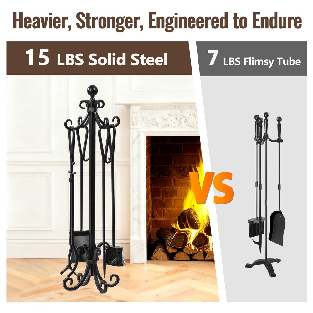 5 Pieces Fireplace Tools Set Heavy Duty Black Cast Wrought Iron Tool Set with...