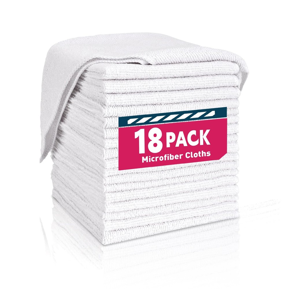 TEAWOO White Microfiber Towels- 18 Pack, Cleaning 18