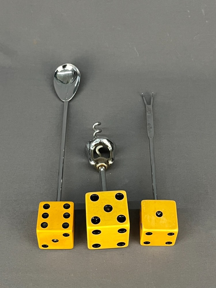 3 pc Mid-Century Bakelite Dice Bar Utensils Corkscrew Spoon & Olive Fork