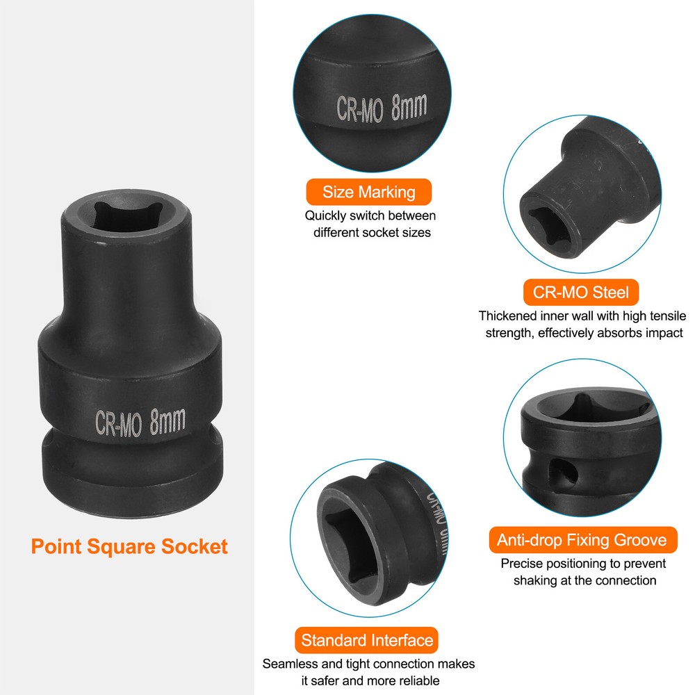 4 Point Square Socket 1/2" Drive 8mm Metric CR-MO Square Impact Wheel Socket
