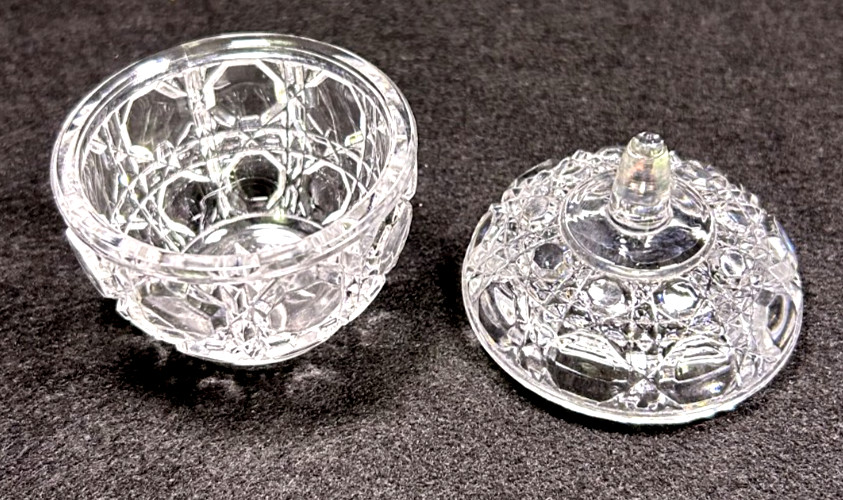 Vintage Clear Cut Glass Windsor Button Pattern Small Lidded Jar 2.75"H x 2.5"D