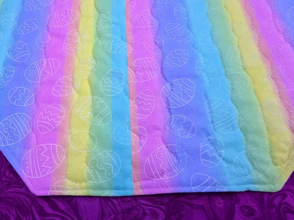 Handmade Quilted Table topper spring Easter eggs RAINBOW glittered octagon rev.
