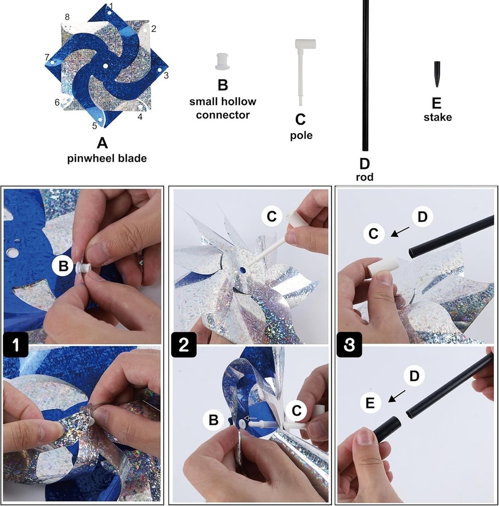 10 Pack Blue & Silver Reflective Pinwheels—Elegant Bird Deterrents for Your G...