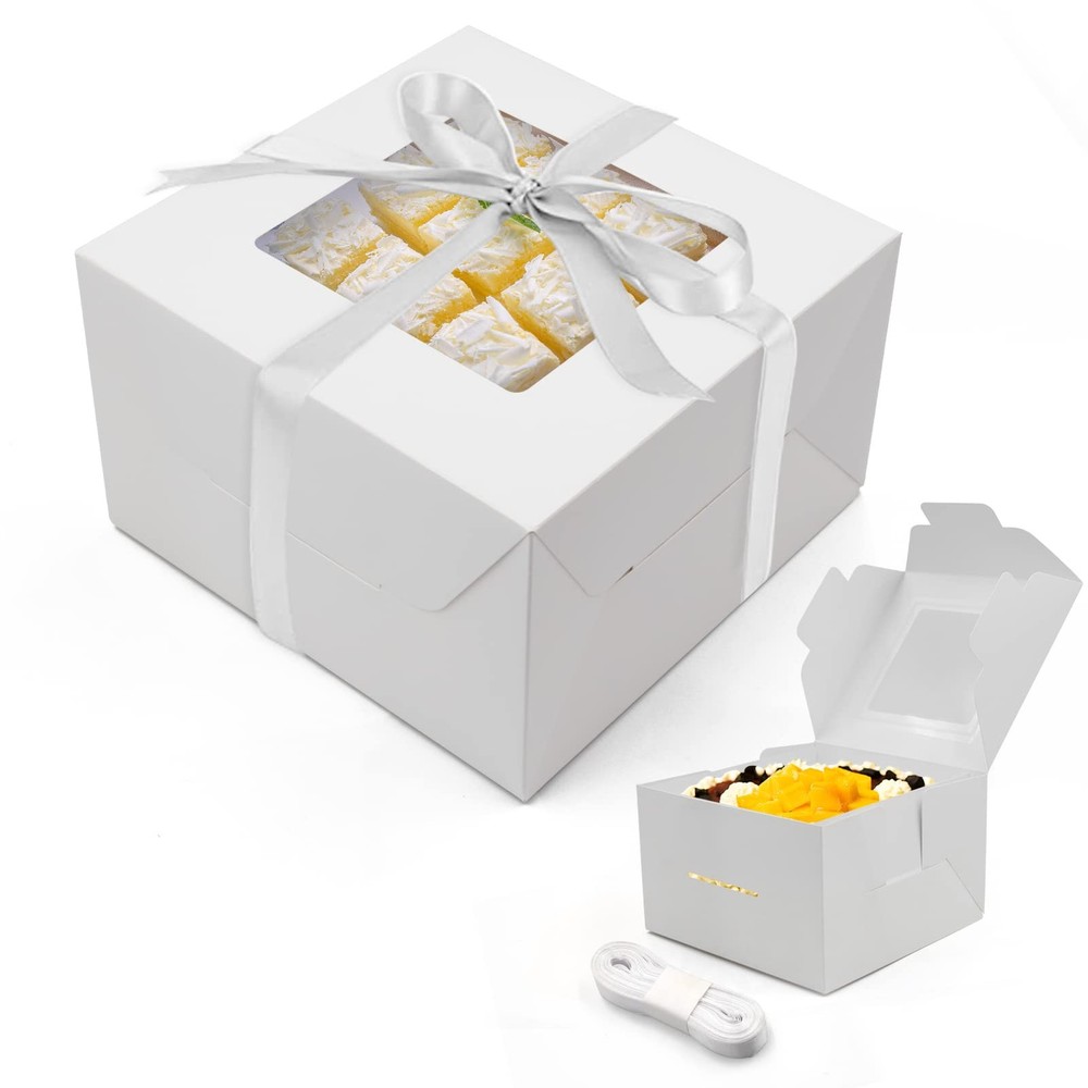 10pcs 8x8x5 Inches Cake Boxes, White Bread Boxes with Windows for Pastries, C...