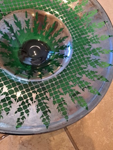 " Console Centerpiece Bowl Flared Green W Silver Design