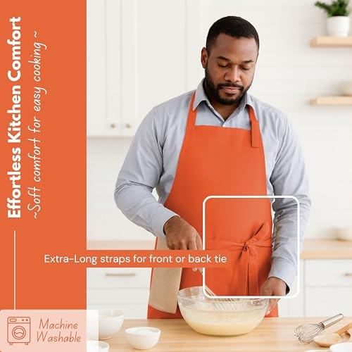 Kitchen Apron 2 Pack - 100% Cotton Adjustable, Durable Apron with Orange