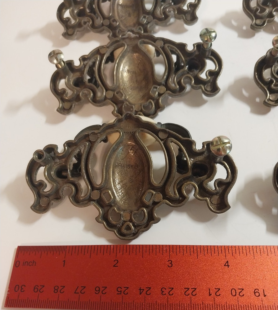 Vintage Set 6 Drawer Pulls & 4 Knobs Matching Brass and White Ceramic
