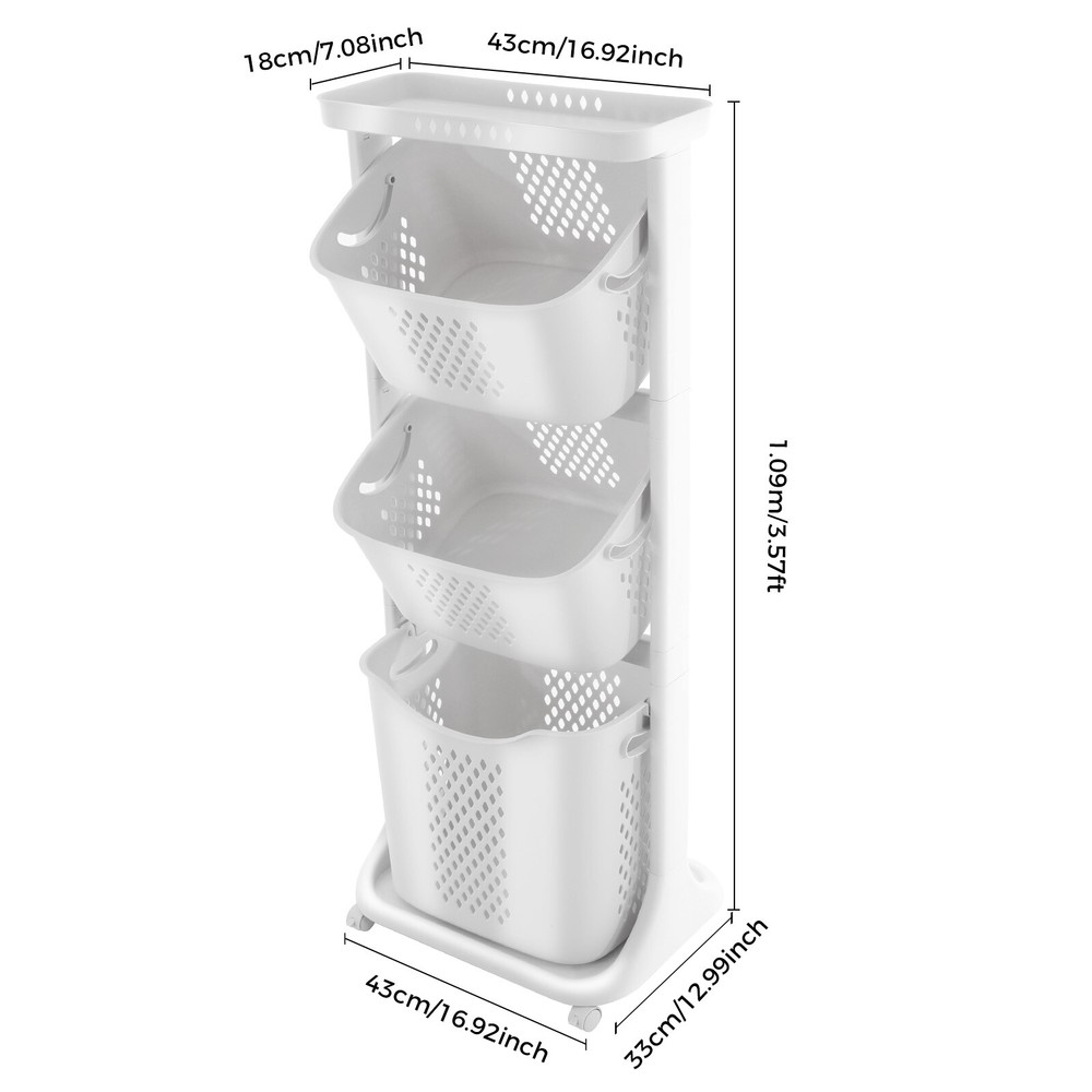 3 Layers Rolling Laundry Basket Clothes Hamper Storage Organizer Sorter Shelf