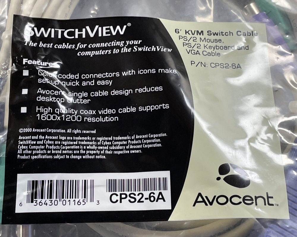 Avocent SWITCHVIEW 6' KVM Switch Cable - Model CPS2-6A - NEW