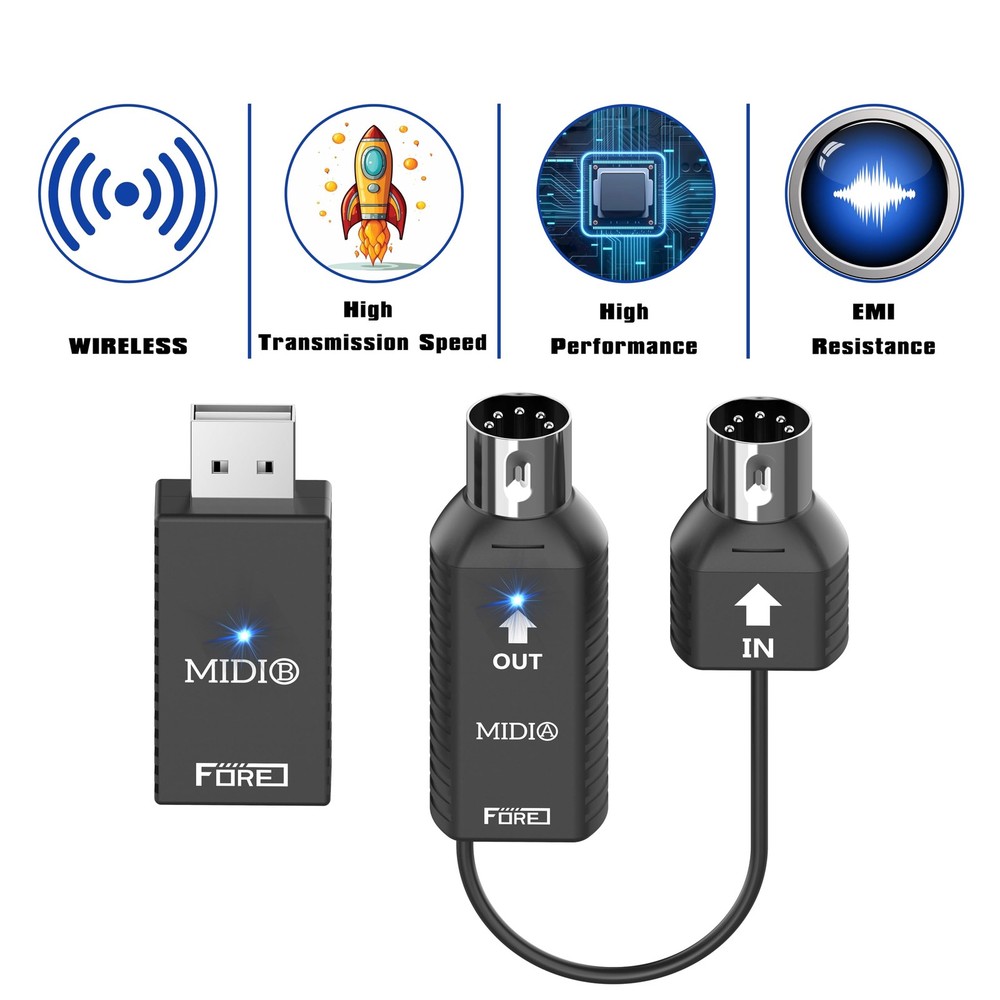 FORE K1 Wireless Bluetooth USB MIDI Interface, IN/OUT & Receiver,...