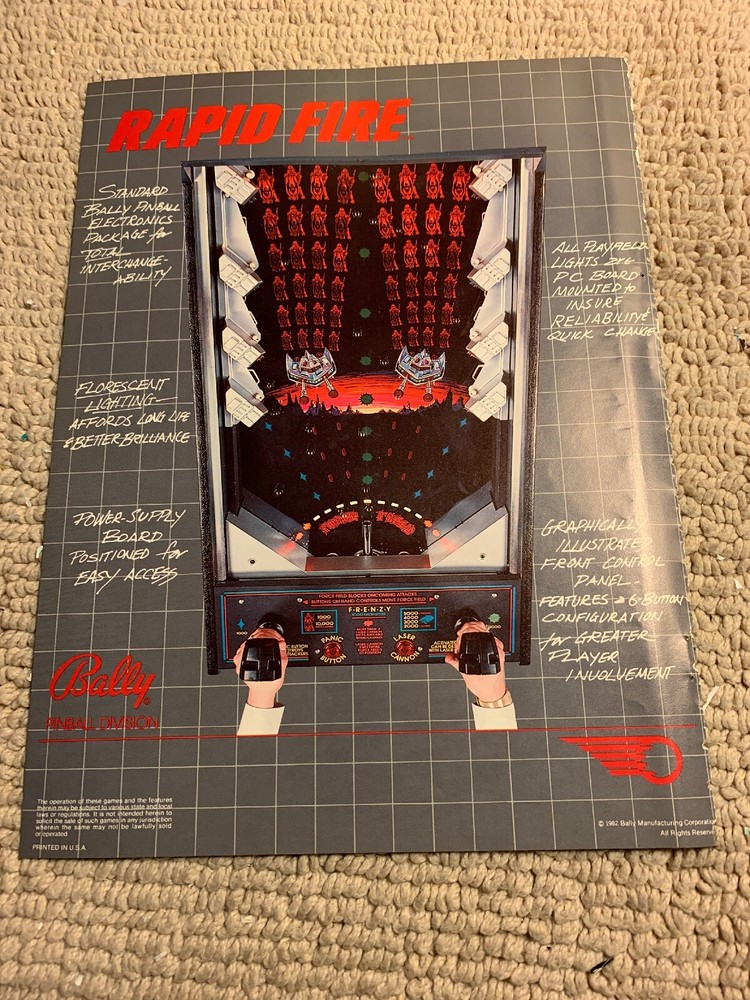 11- 8.5'' Rapid Fire Bally Pinball arcade game AD FLYER