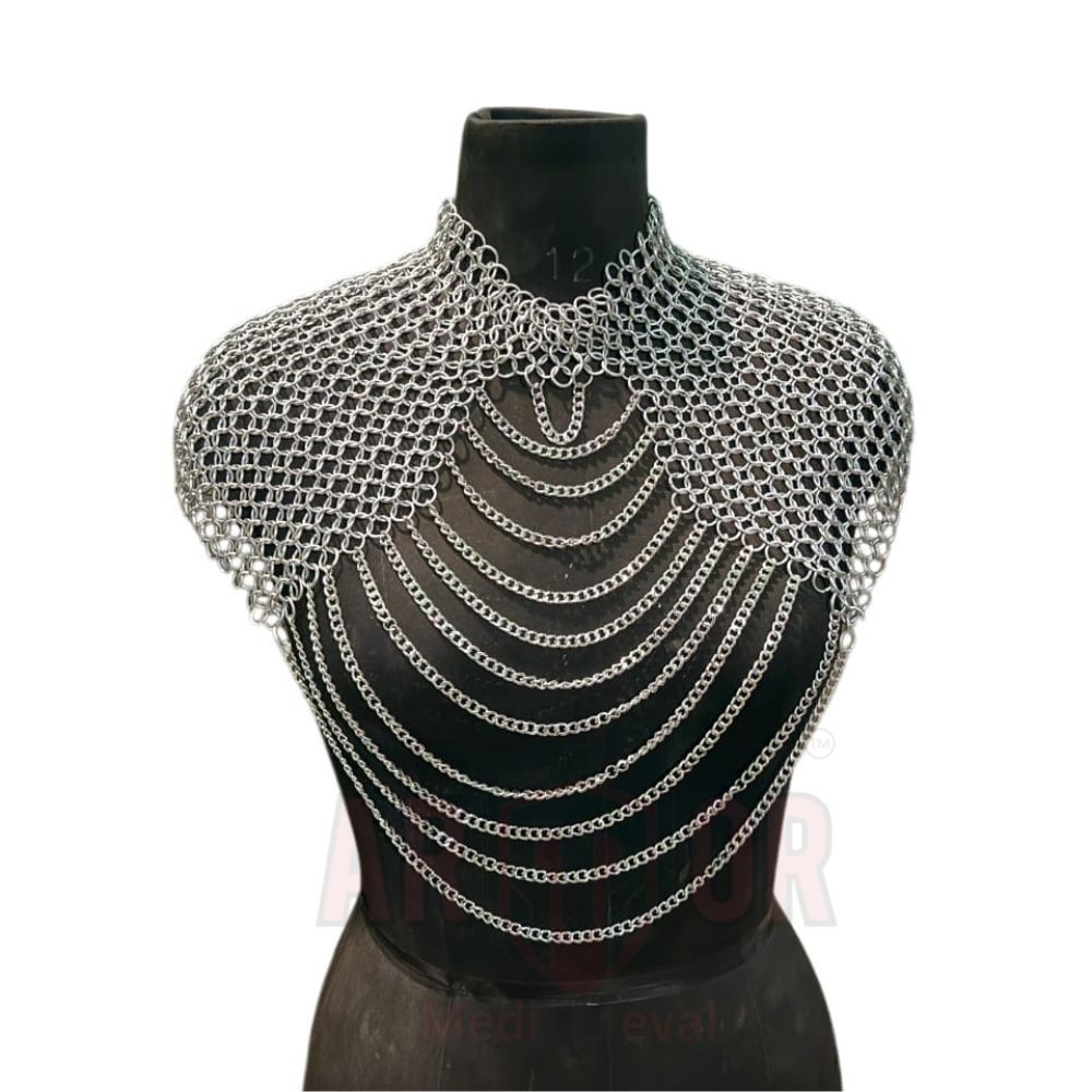 Medieval Chainmail Collar Shoulder Armor Adjustable SS Chainmail Chain Layered