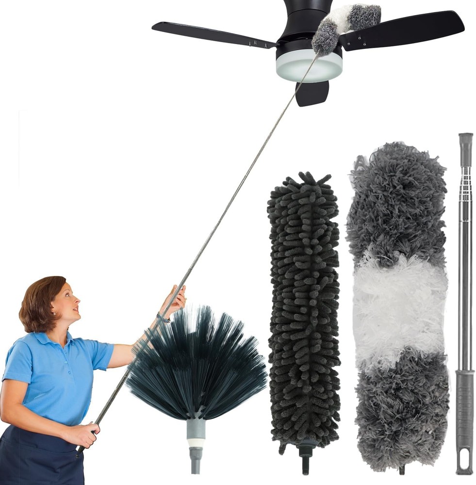 4 Pcs Microfiber Cobweb Duster with 100" Extension Pole,Bendable Ceiling Fan Dus