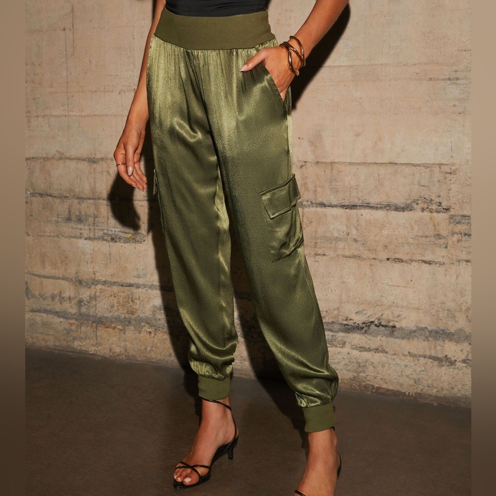 Luxe Look Satin Pocketed Joggers - Olive