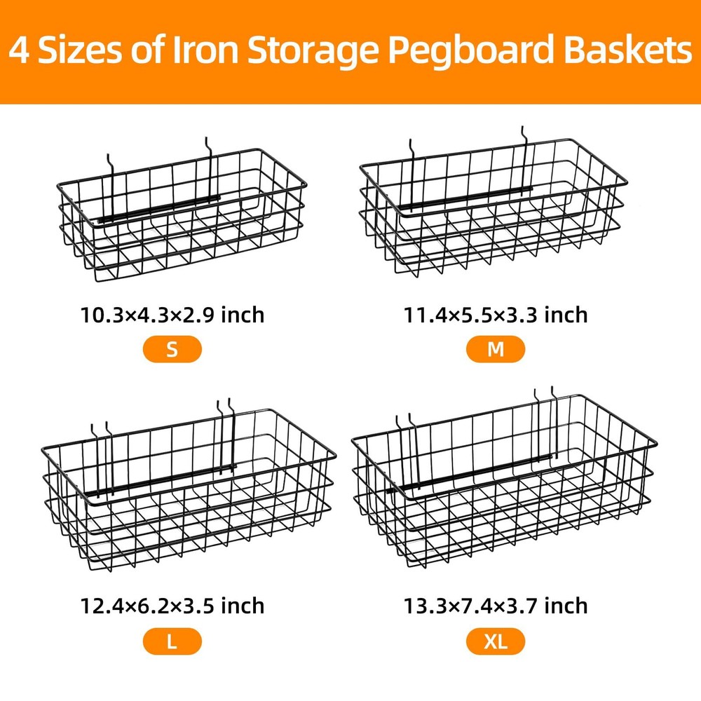 4 Pack Pegboard Baskets Hooks Set, Square Style 4 Size Peg Board Organizer