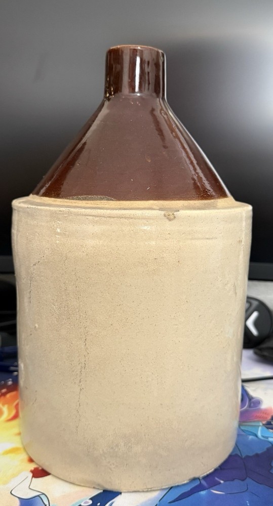 Brown Beige Glazed Stoneware Moonshine Jug with Handle Solid Round Pattern