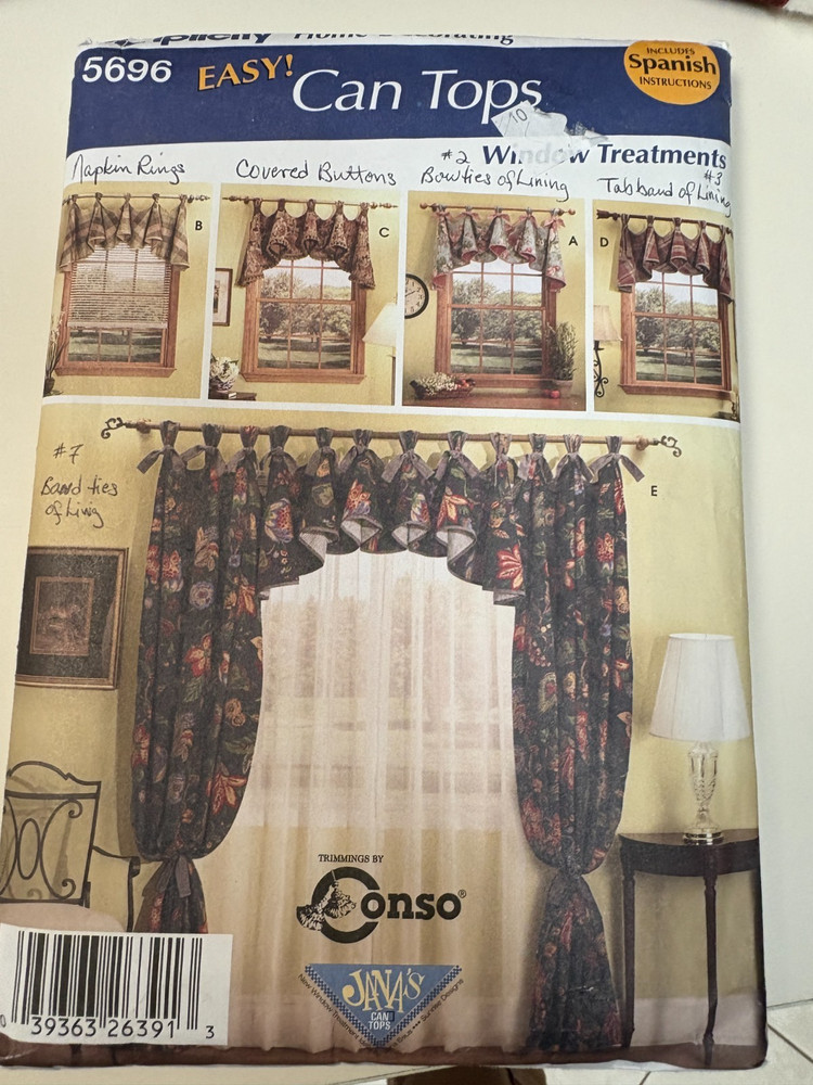 Simplicity 5696 sewing pattern:  CAN TOP Valance curtains,  UNCUT