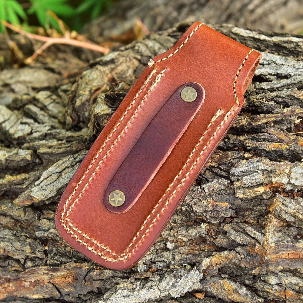 FOLDING POCKET KNIFE SHEATH | 5" Brown Genuine Leather Belt Loop Case