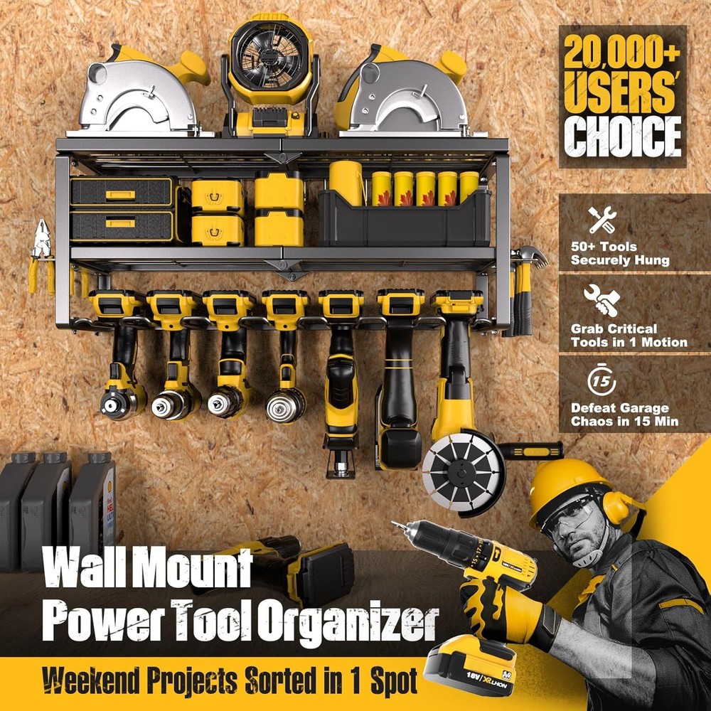 Power Tool Organizer Wall Mount - 300Lbs Load 3 Layers Storage Rack with 7 Drill