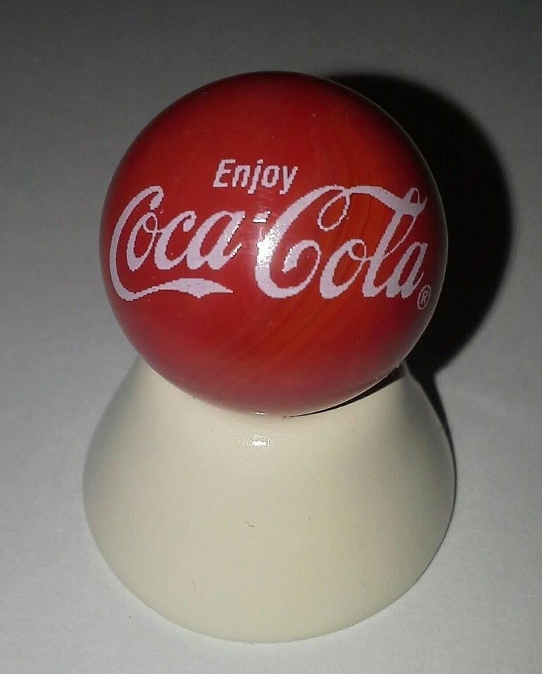 Coke White Script Red Glass 1" Logo Marble w/ Colored Stand