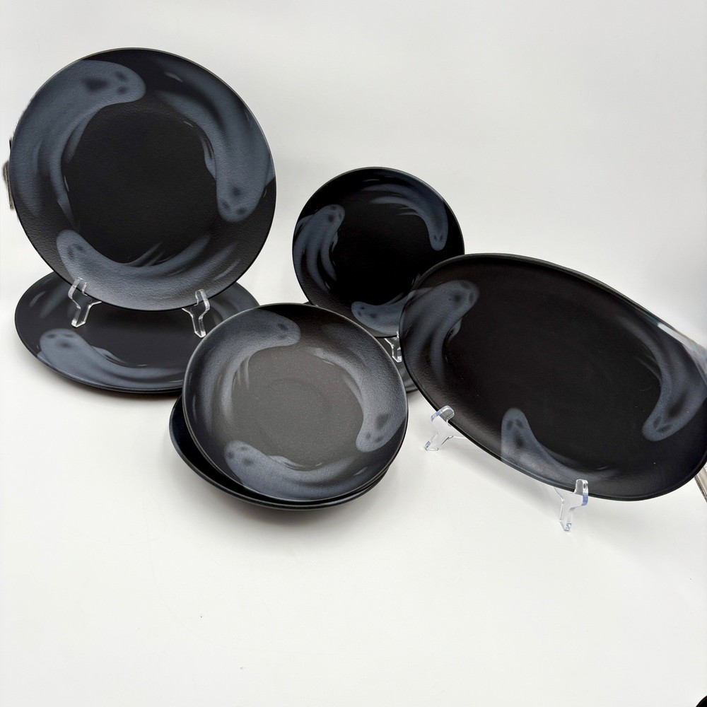 Halloween Black Ghost Dinnerware 7pc Set, Dinner, Salad Plate, Bowl, Platter