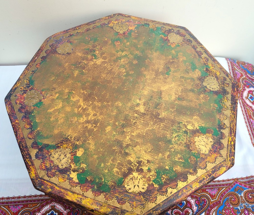 Old Style Anglo-Indian Low Bajot Table Octagonal Painted Boho Prayer Table