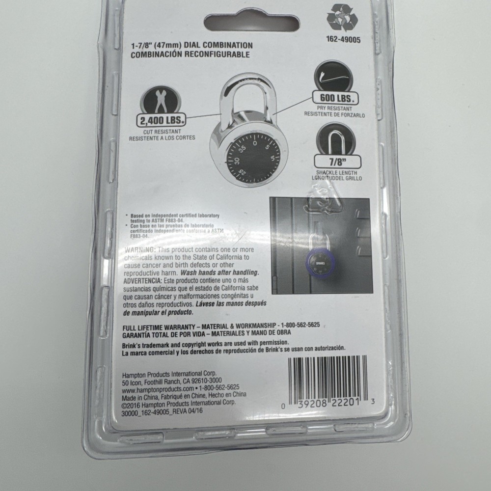 BRINKS 7/8" Dial Combination Lock Standard Security 162-49005 NEW