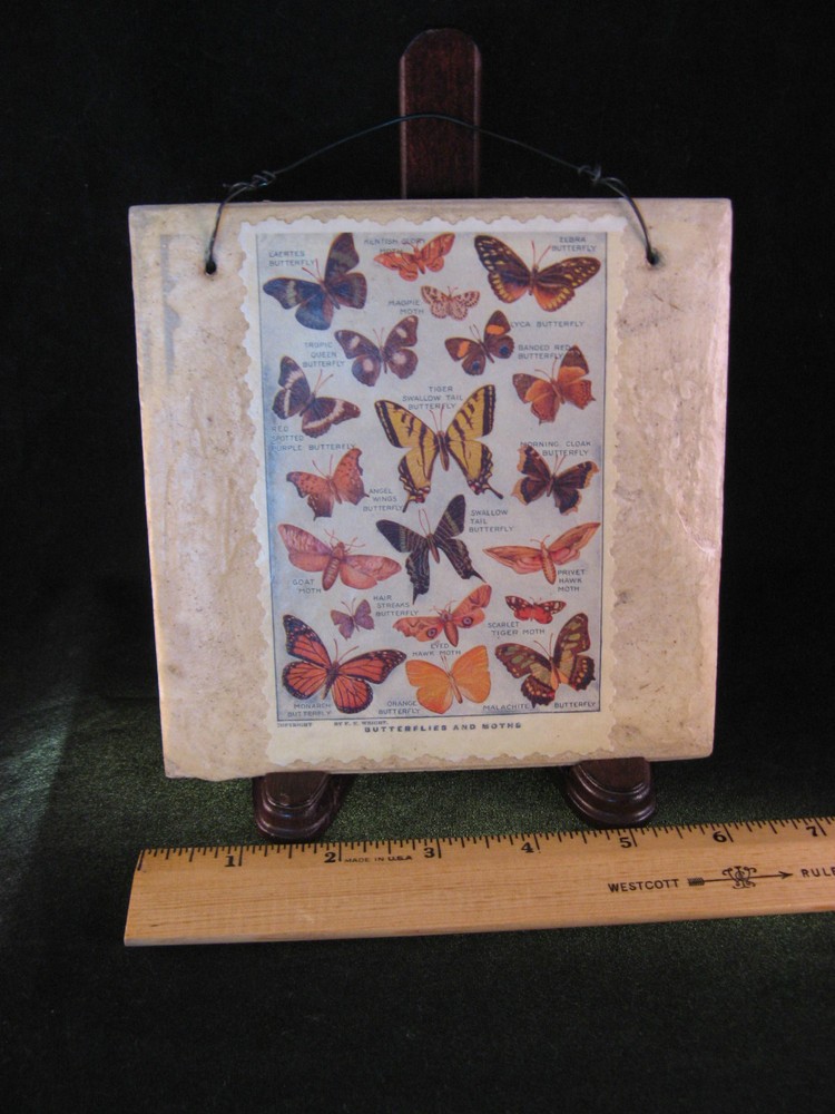 Butterfly & Moth Postcard on Tile Wall Art 5 7/8" square - EUC