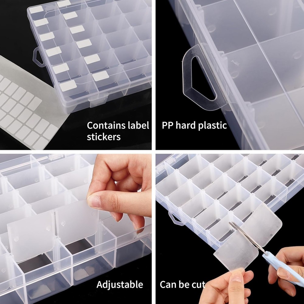 Clear Plastic 36-Compartment Bead Organizer, 2 Pack with Snap Closure & Labels