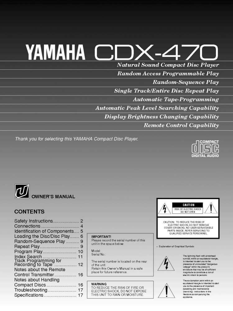 Yamaha CDX-480 CD Player Owners Manual
