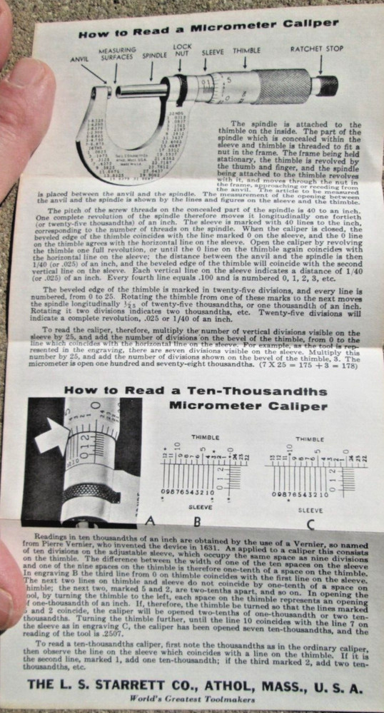 1977 Starrett Precision Tool Mini Catalog & Micrometer Caliper Instruction Paper