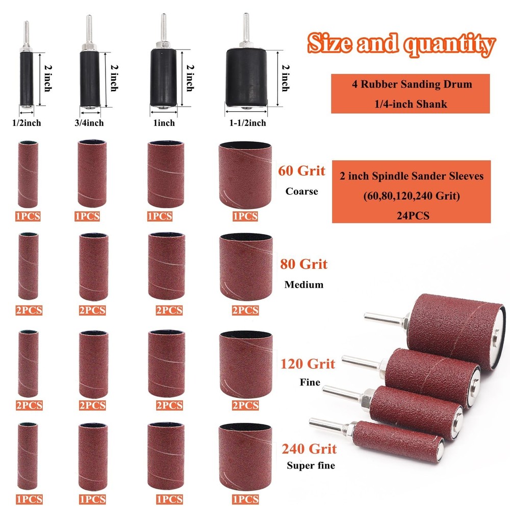 187-Piece Sanding Drum Kit for Drill & Drill Press – Includes 2inch Spindl