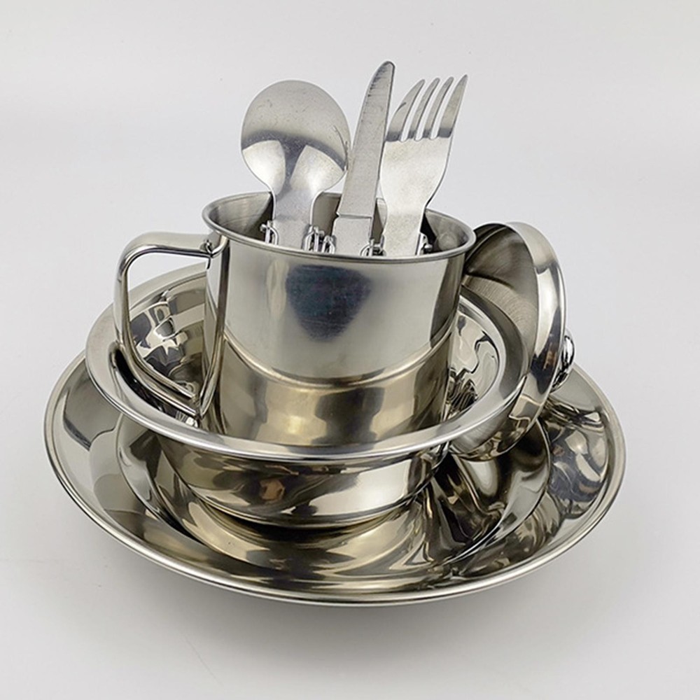 Camping Cookware Dinnerware Set Stainless Steel Accessory Space Saving for