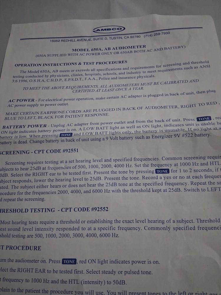 AMBCO 650A Screening Audiometer Tested (Wh2)