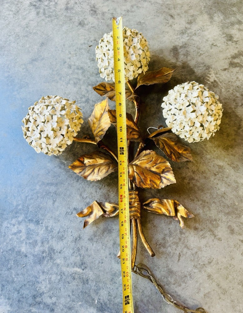 1950s Hydrangea Wall Light Sconces Italian Tole white enamel hydrangeas Pair