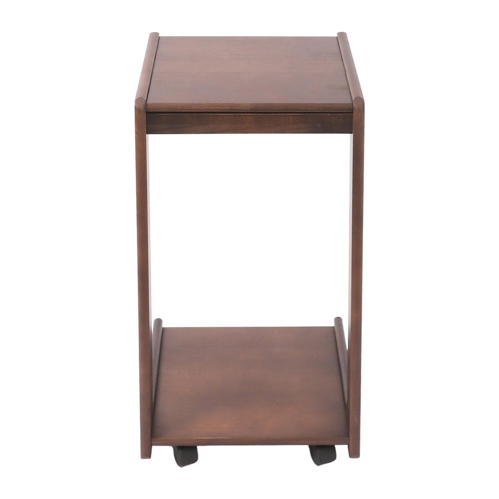 2-tierd Solid Wood Bedside C-shaped Side Table W/ Drawer & Lockable Wheels