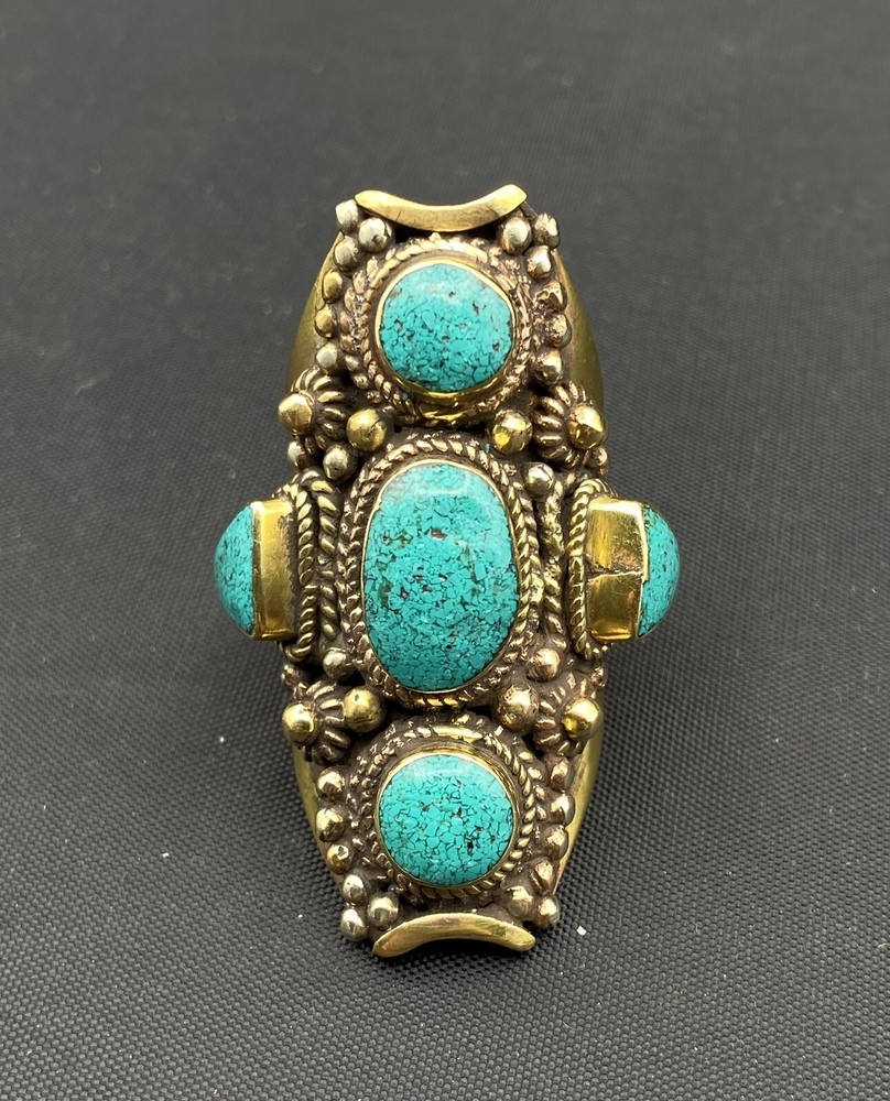 Unique Long Turquoise Ring in brass