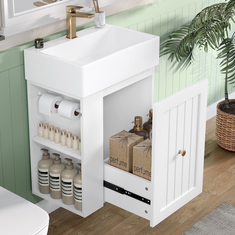 Bathroom Vanity with Ceramic Sink Includes Drawers and Side Shelves