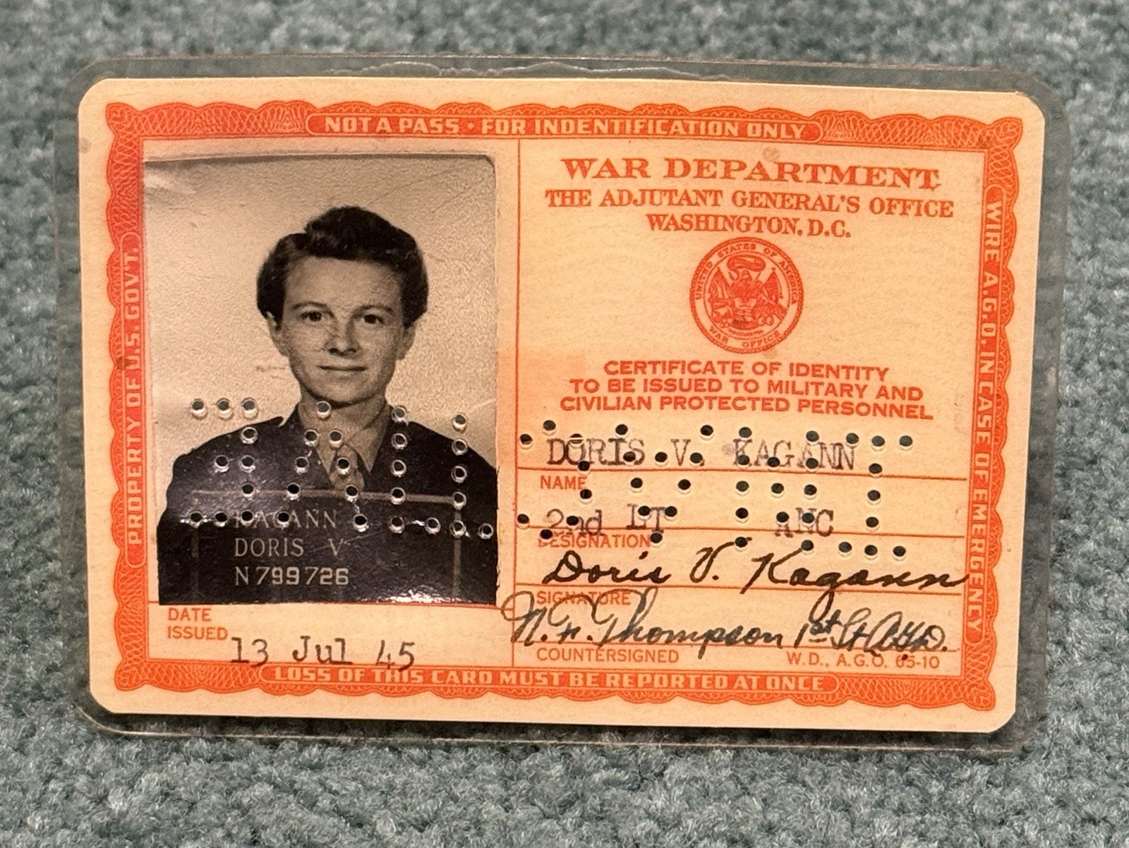 Original WWII US Army Female Nurse ANC Officers ID Card 1945