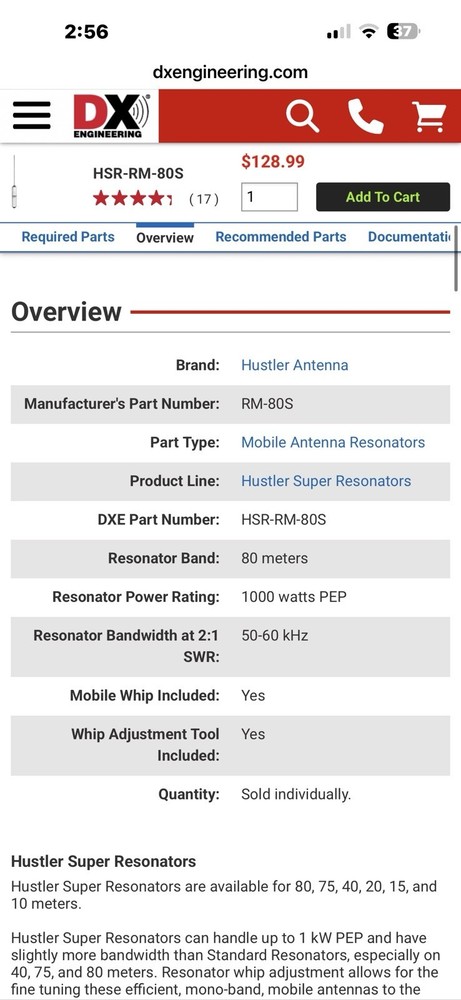 HUSTLER RM-80S 80 Meter Resonator ( Open Box )