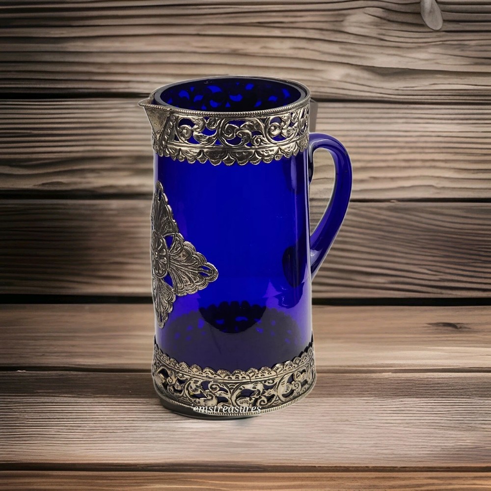 Cobalt Blue Pitcher with Silver Toned Filigree