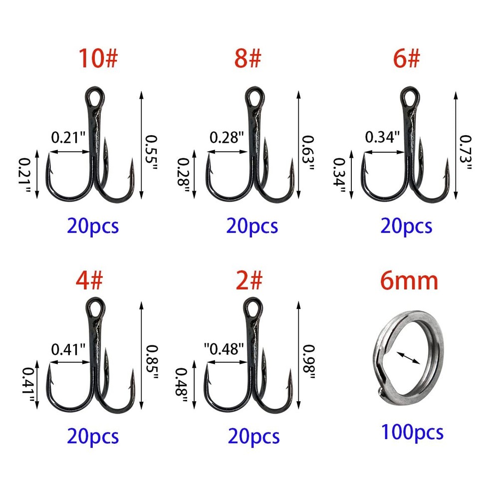Saltwater Treble Hooks 200Pcs, Strong Sharp Hooks, Split Rings, Silver